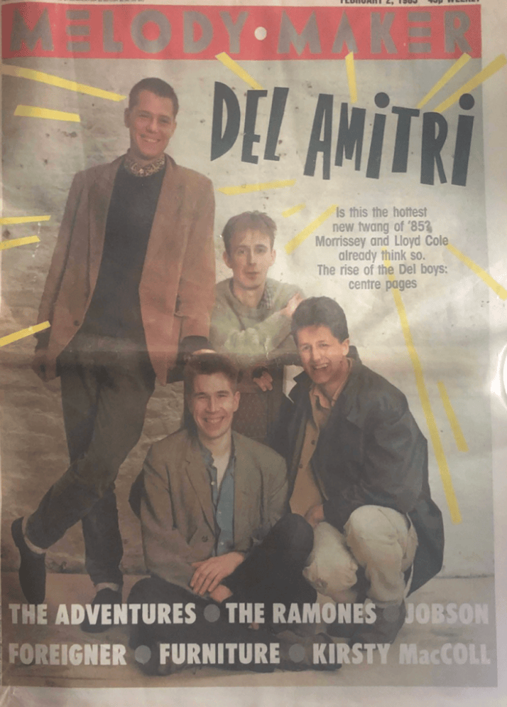 Cover of Melody Maker magazine featuring the band Del Amitri. The members are posing against a textured background with a colorful layout, and the issue date is February 2, 1985.